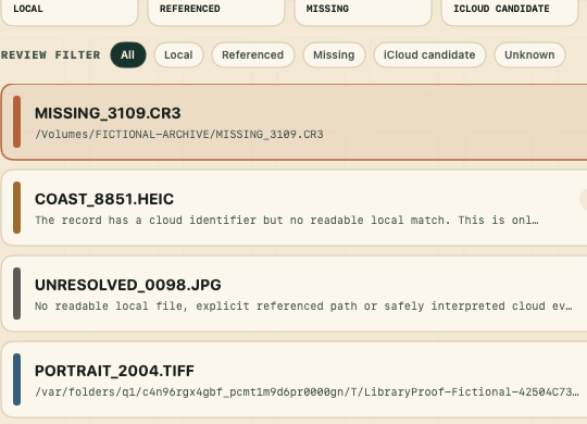 LibraryProof Release build crop showing filters and fictional rows for missing, iCloud candidate, unknown and referenced evidence