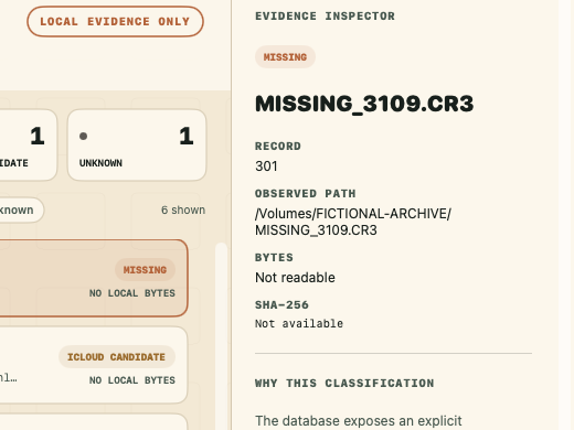 LibraryProof Release build crop showing the evidence inspector for a fictional missing referenced file with observed path and classification reason